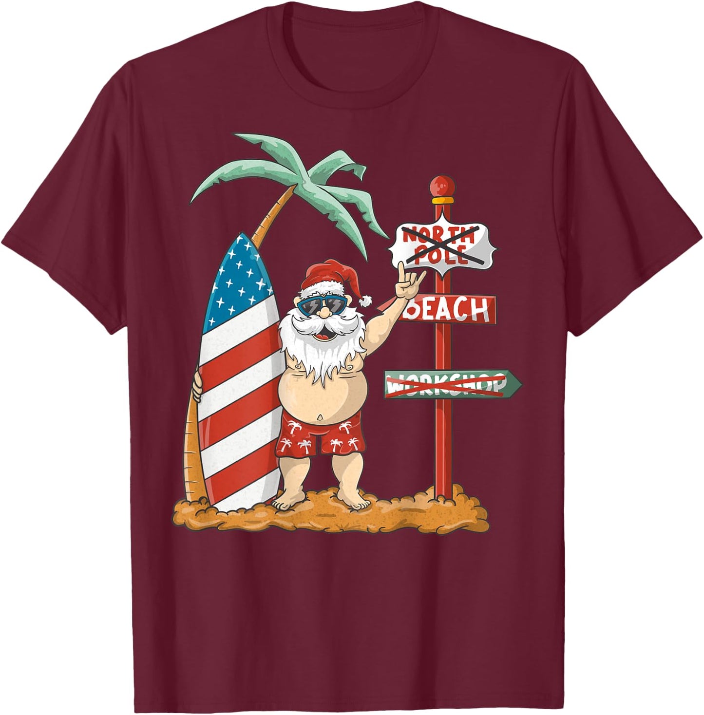 Surfing Santa With USA Patriotic Surfboard Christmas in July Women Kids Men T-Shirt - T-Shirt | Maroon