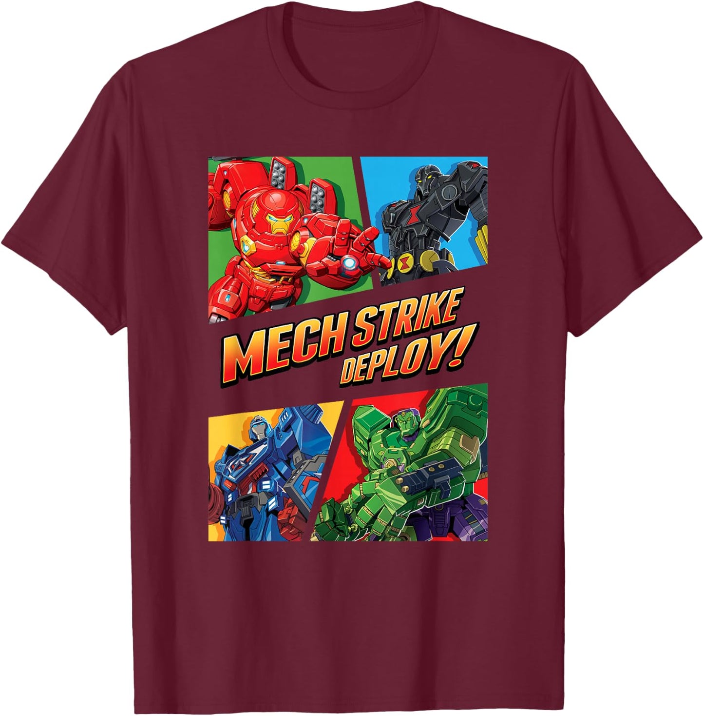 Marvel Avengers Mech Strike Group Shot Panels T-Shirt - T-Shirt | Maroon
