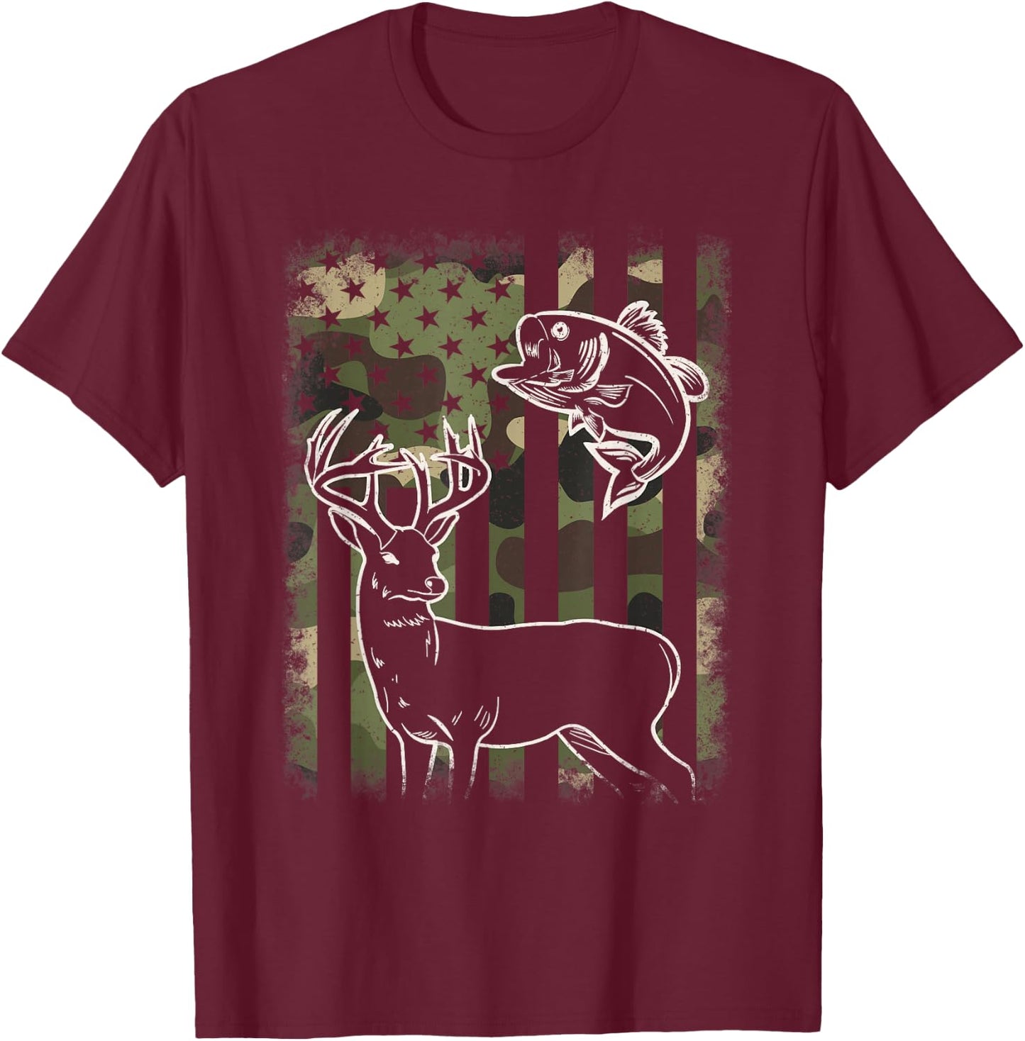 Camouflage American Flag Fishing Deer Hunting Hunter Men T-Shirt - T-Shirt | Maroon