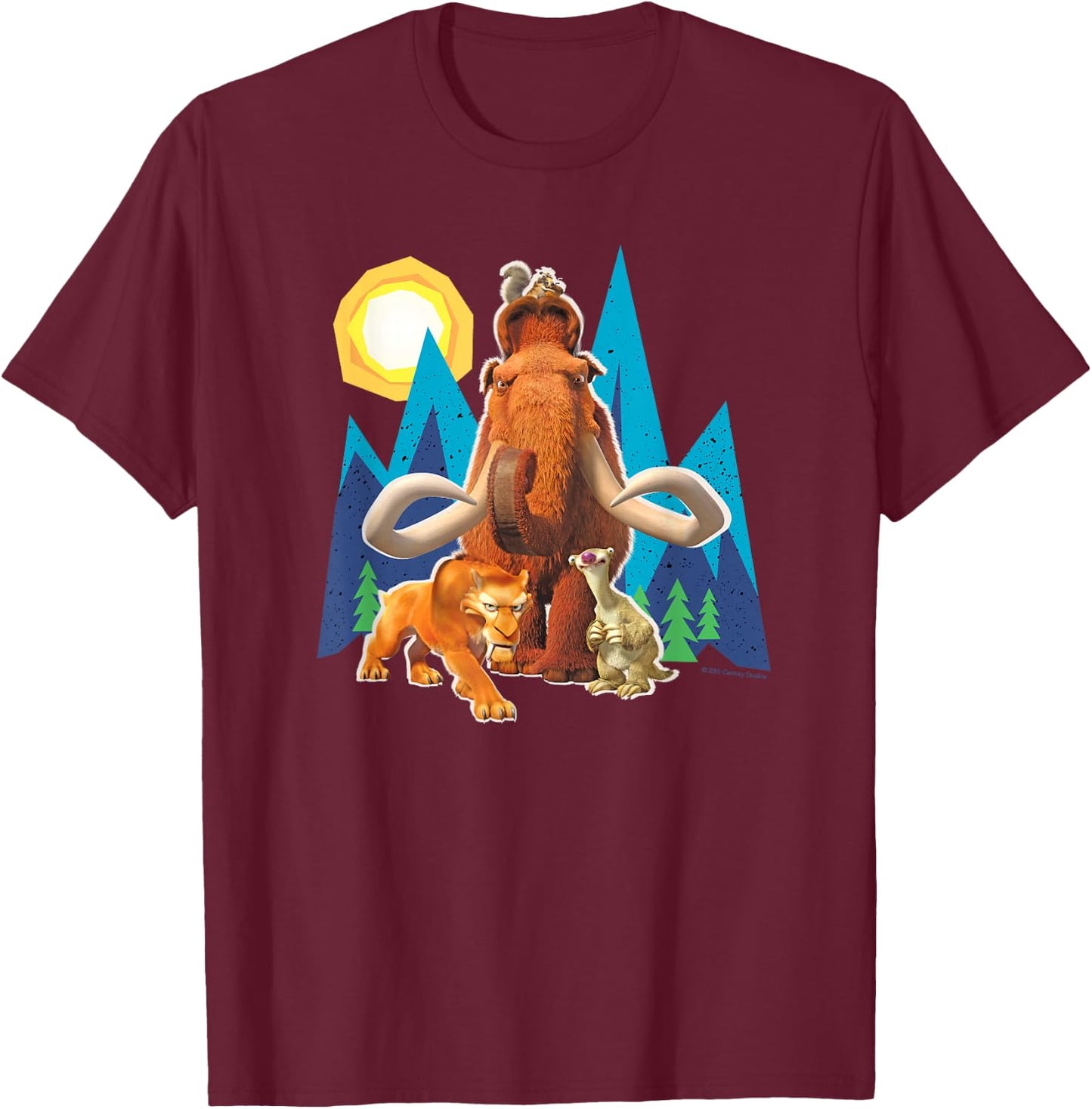 Ice Age Manfred Diego Sid and Scrat Cutout Mountains T-Shirt - T-Shirt | Maroon