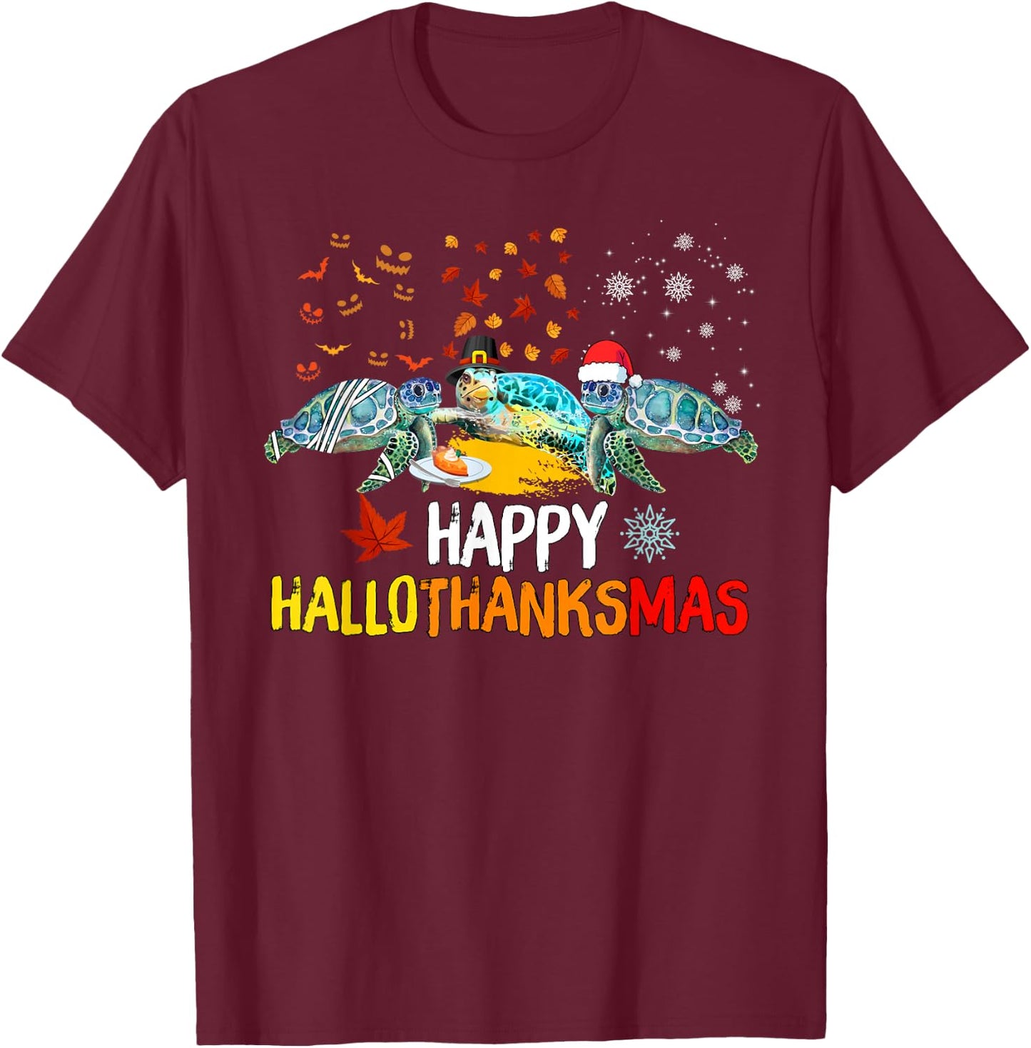Happy Hallothanksmas Santa Turtle Halloween Thanksgiving T-Shirt - T-Shirt | Maroon