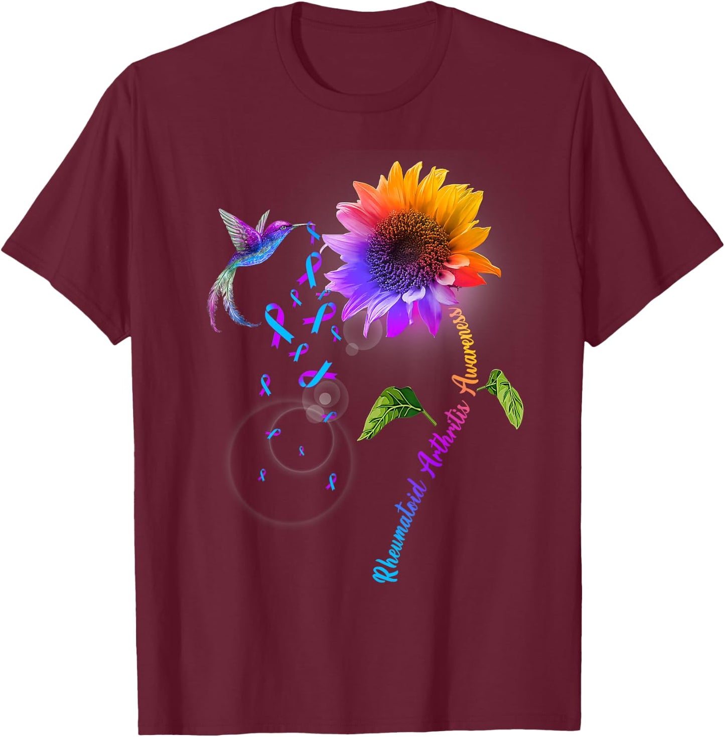 Rheumatoid Arthritis Awareness Sunflower Hummingbird T-Shirt - T-Shirt | Maroon