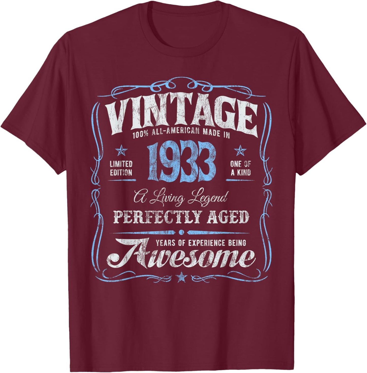 Vintage Classic 92nd Birthday Born In 1933 Original Legend's T-Shirt - T-Shirt | Maroon