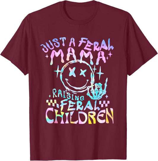 Retro Groovy Just a Feral mama busy raising feral children T-Shirt - T-Shirt | Maroon