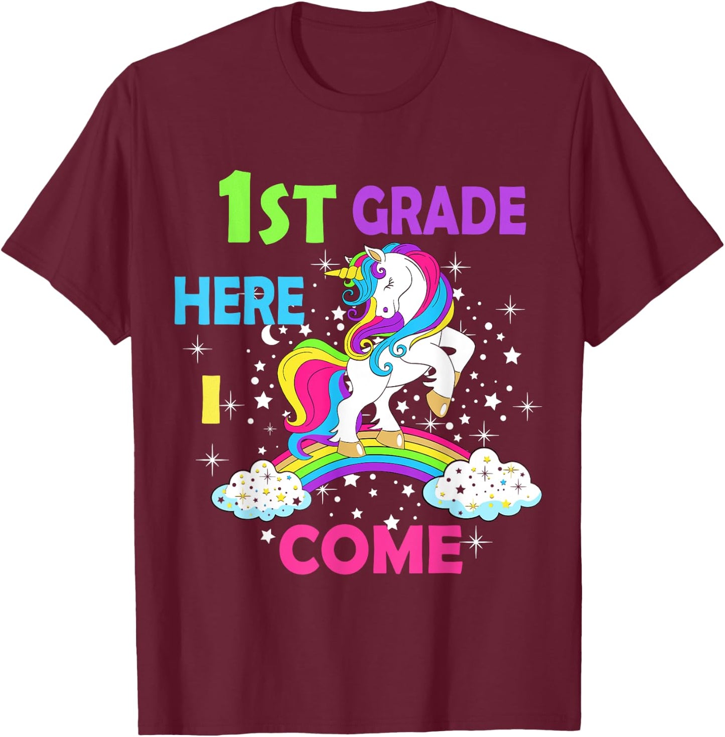 Back To School Unicorn Hello First Day of First grade Girls T-Shirt - T-Shirt | Maroon