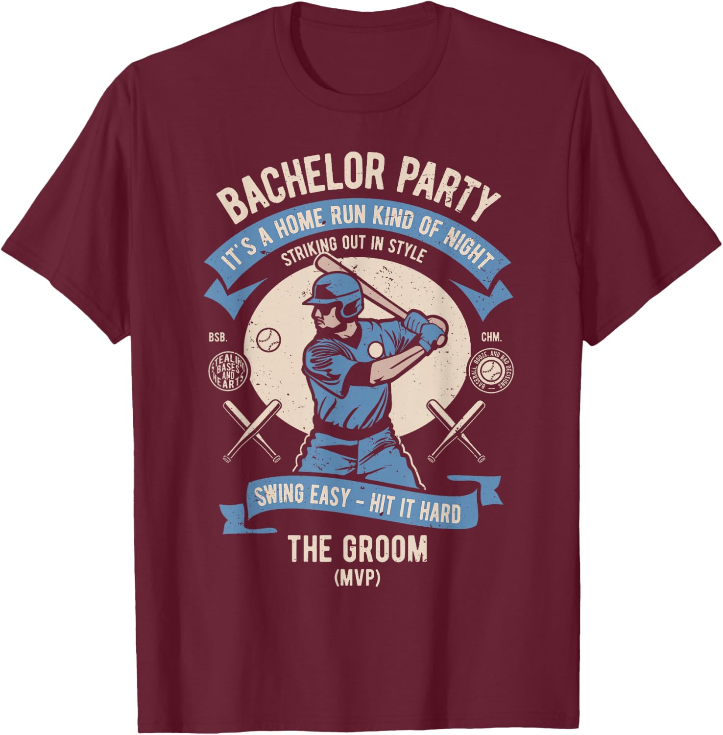 Retro Bachelor Party Baseball, Groom & Team Set 1 of 2 T-Shirt - T-Shirt | Maroon