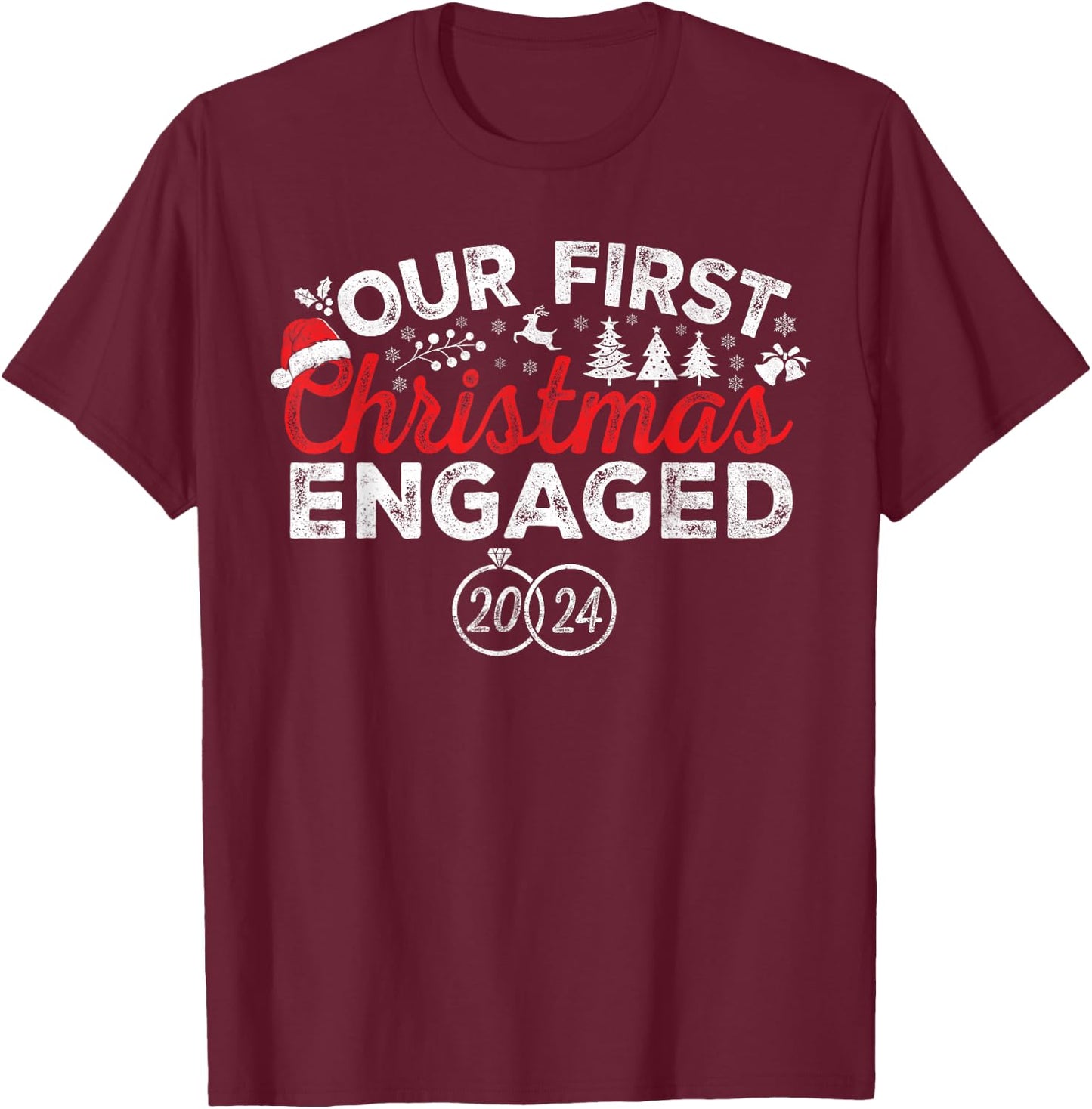Our First Christmas Engaged 2024 Christmas Couple Matching T-Shirt - T-Shirt | Maroon