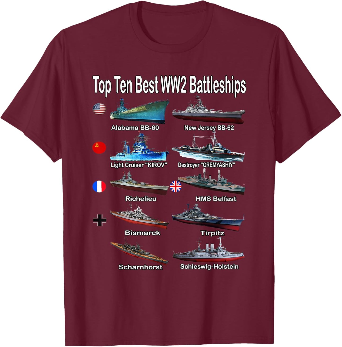 Top Ten Best WW2 Battleships Warships for Kids Adults T-Shirt - T-Shirt | Maroon