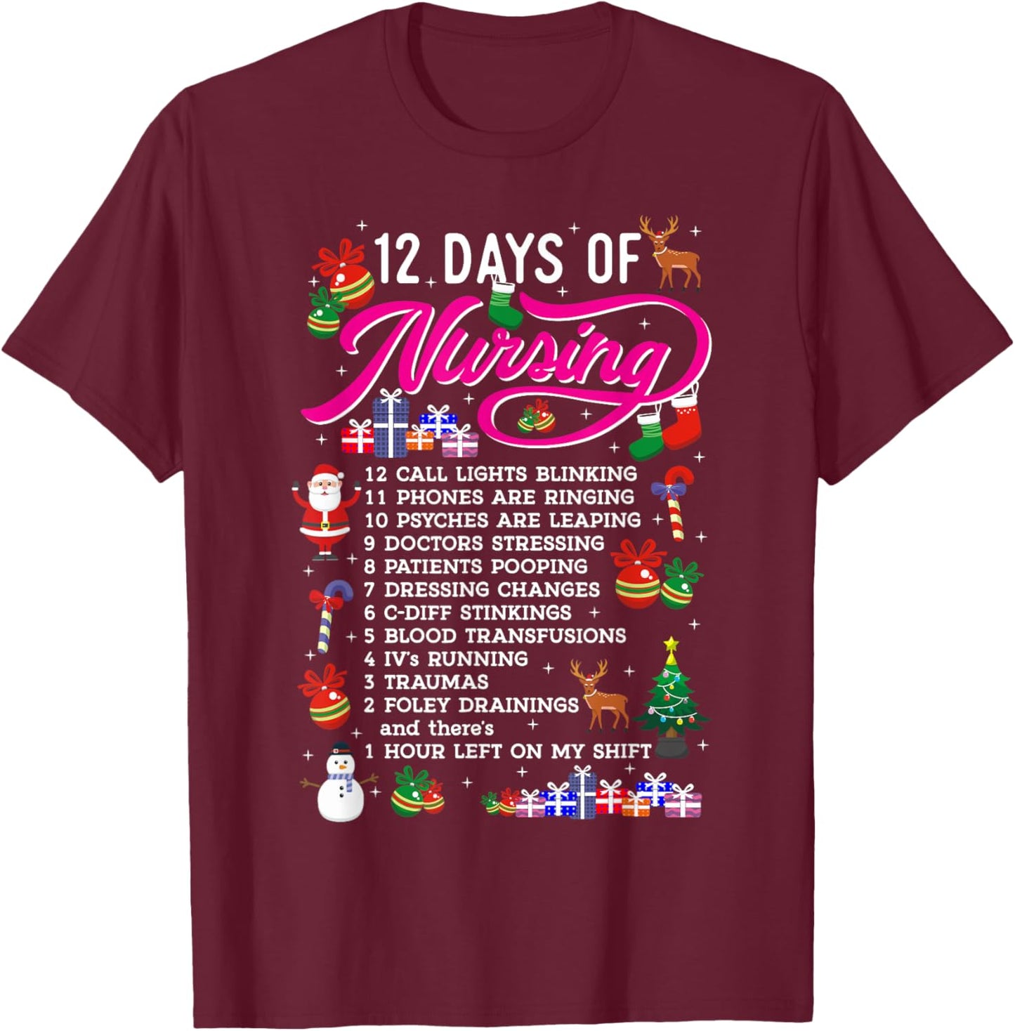 12 Days Of Nursing Merry Christmas Shirts Xmas T-Shirt - T-Shirt | Maroon