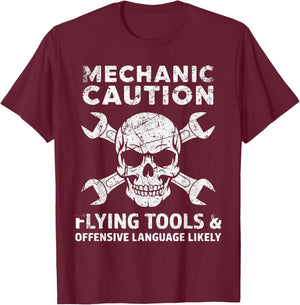 Mechanic Caution Skull Humor for Mechanics T-Shirt - T-Shirt | Maroon