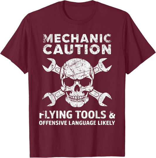 Mechanic Caution Skull Humor for Mechanics T-Shirt - T-Shirt | Maroon