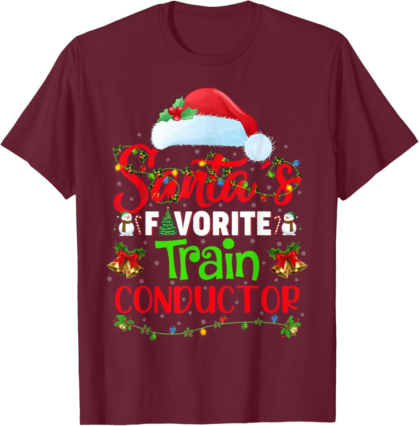 Lighting Xmas Santa's Favorite Train Conductor Christmas T-Shirt - T-Shirt | Maroon