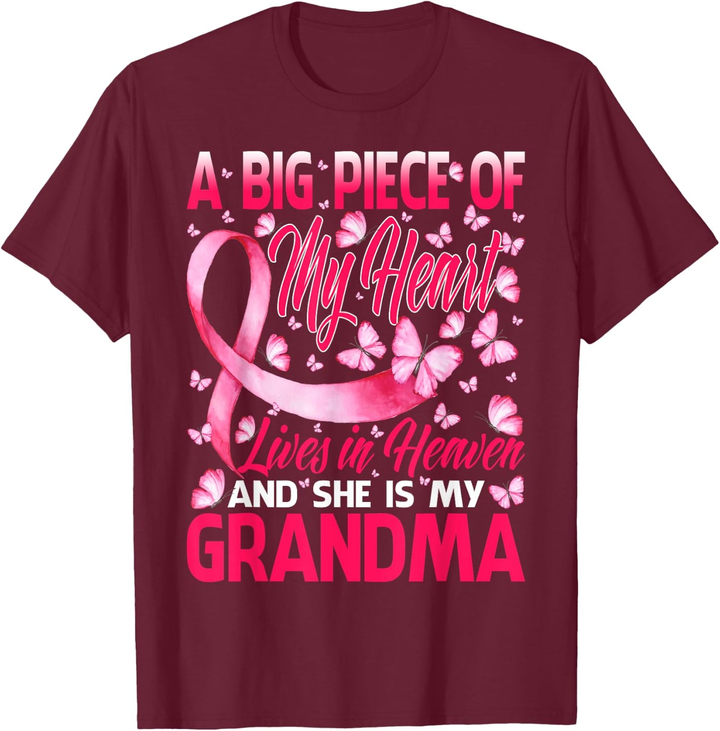 Grandma In Heaven Butterfly Breast Cancer Awareness T-Shirt - T-Shirt | Maroon