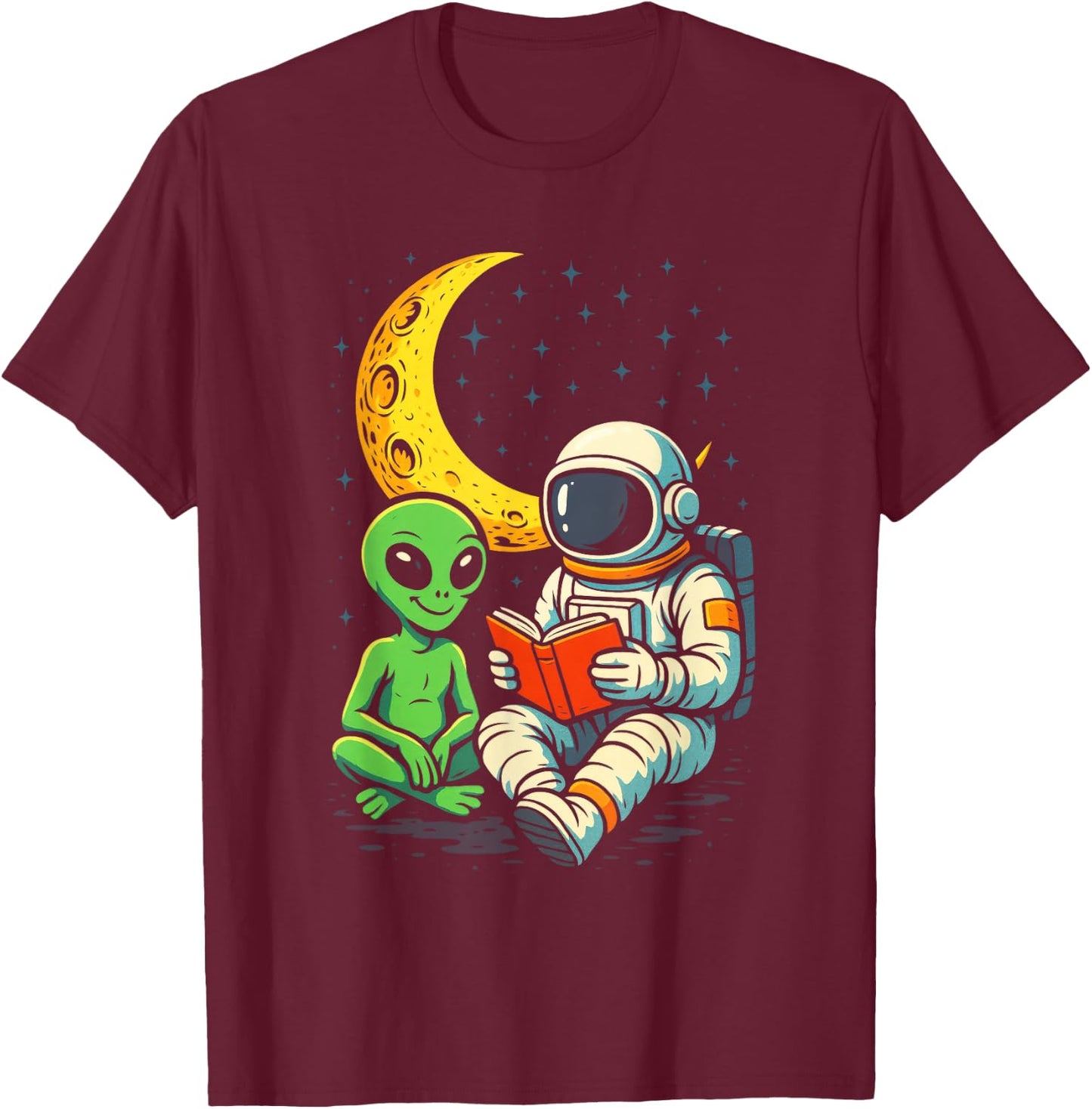 Astronaut and Alien Reading - Space Moon Science T-Shirt - T-Shirt | Maroon