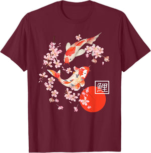 Cherry Blossom Koi Carp Fish Japanese Sakura Graphic Art T-Shirt - T-Shirt | Maroon