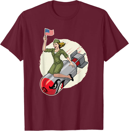 Vintage Pin Up Girl Bomber Girl Riding Bomb T-Shirt - T-Shirt | Maroon