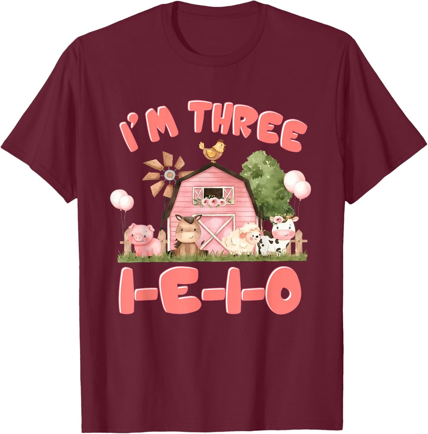 I'm Three I-E-I-O 3rd Birthday Farm Animal Barnyard 3 Yr Old T-Shirt - T-Shirt | Maroon