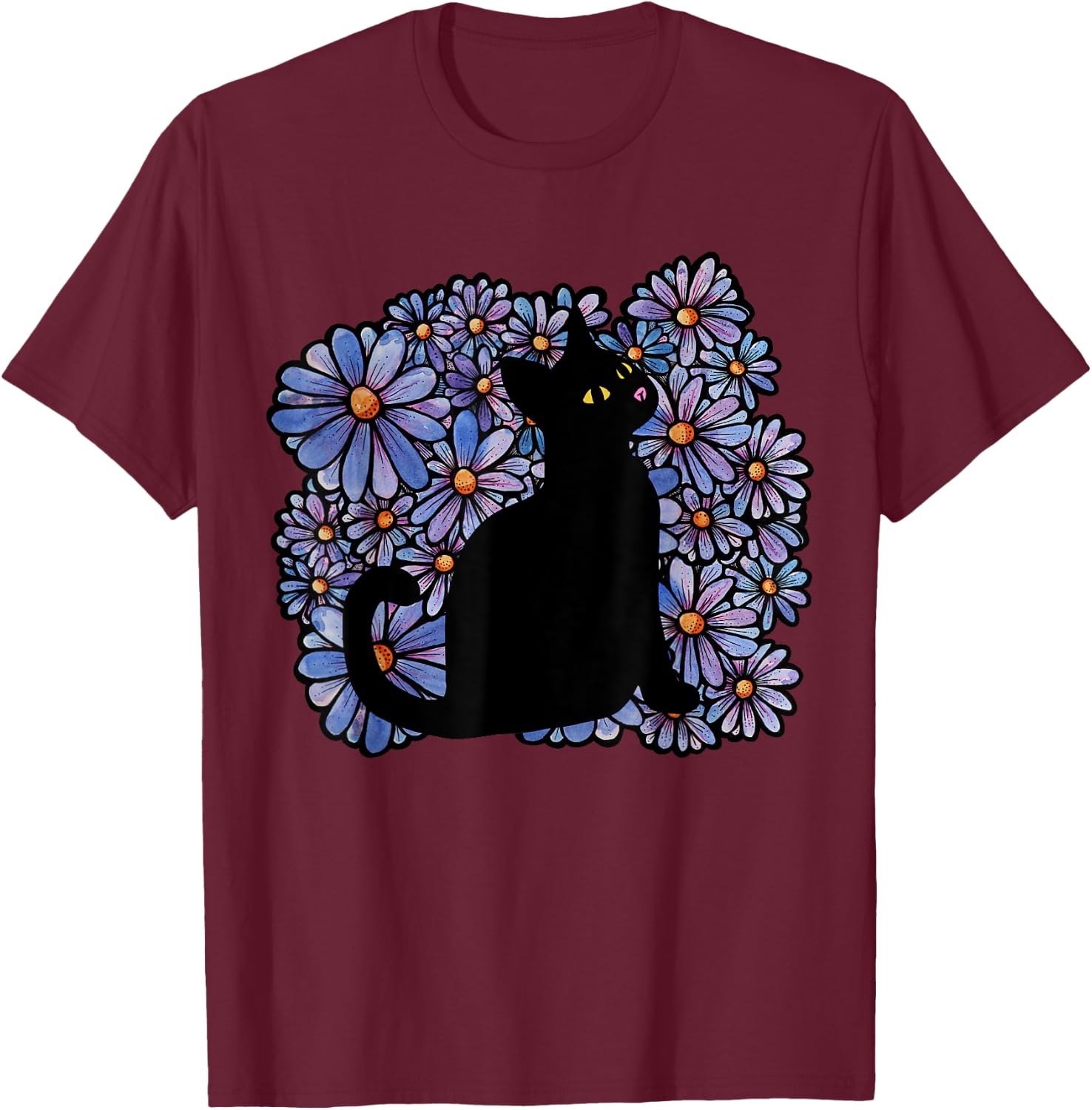 Black Cats Flower Garden T-Shirt - T-Shirt | Maroon