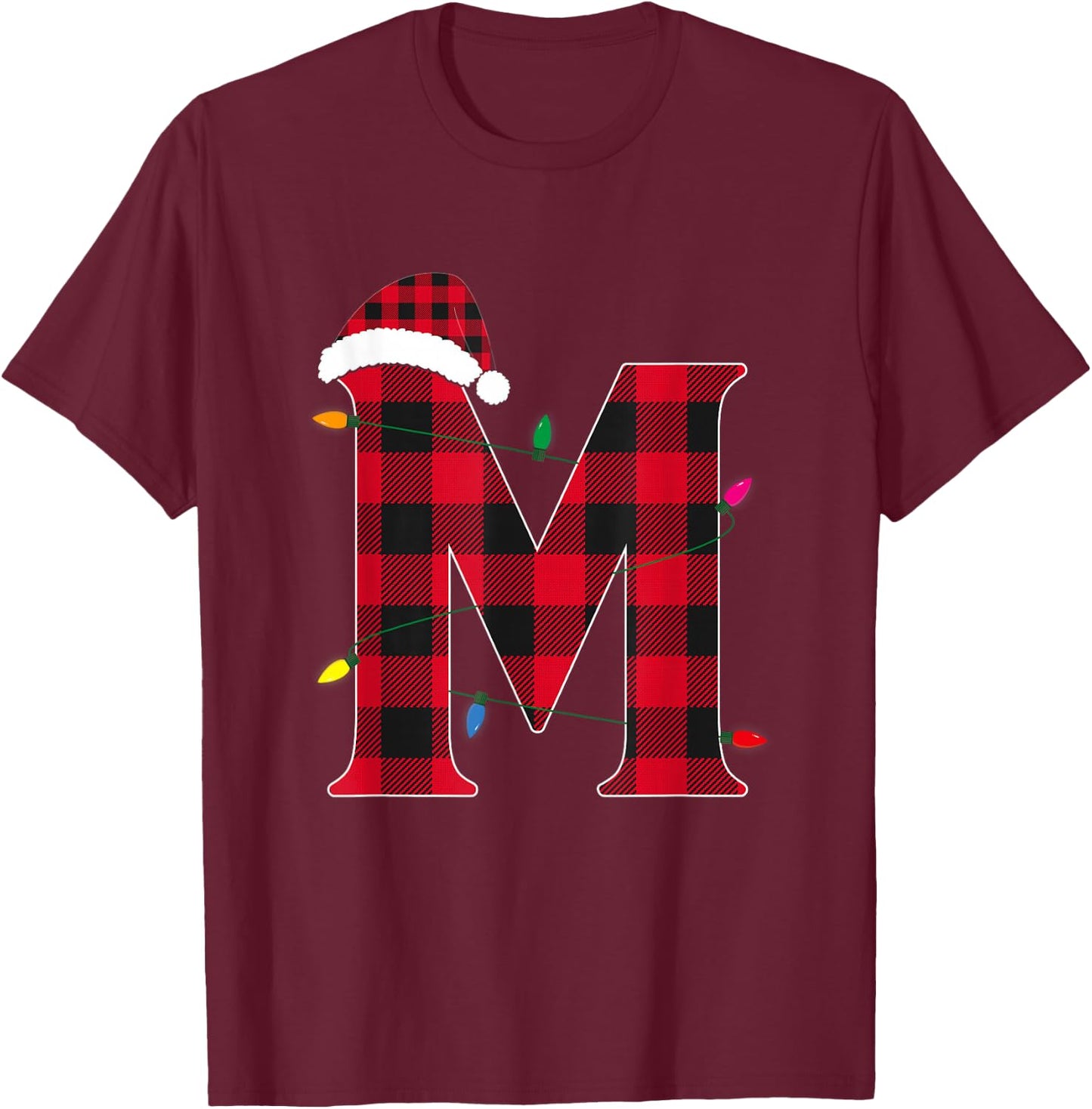 Awesome Letter M Initial Name Buffalo Plaid Christmas T-Shirt - T-Shirt | Maroon