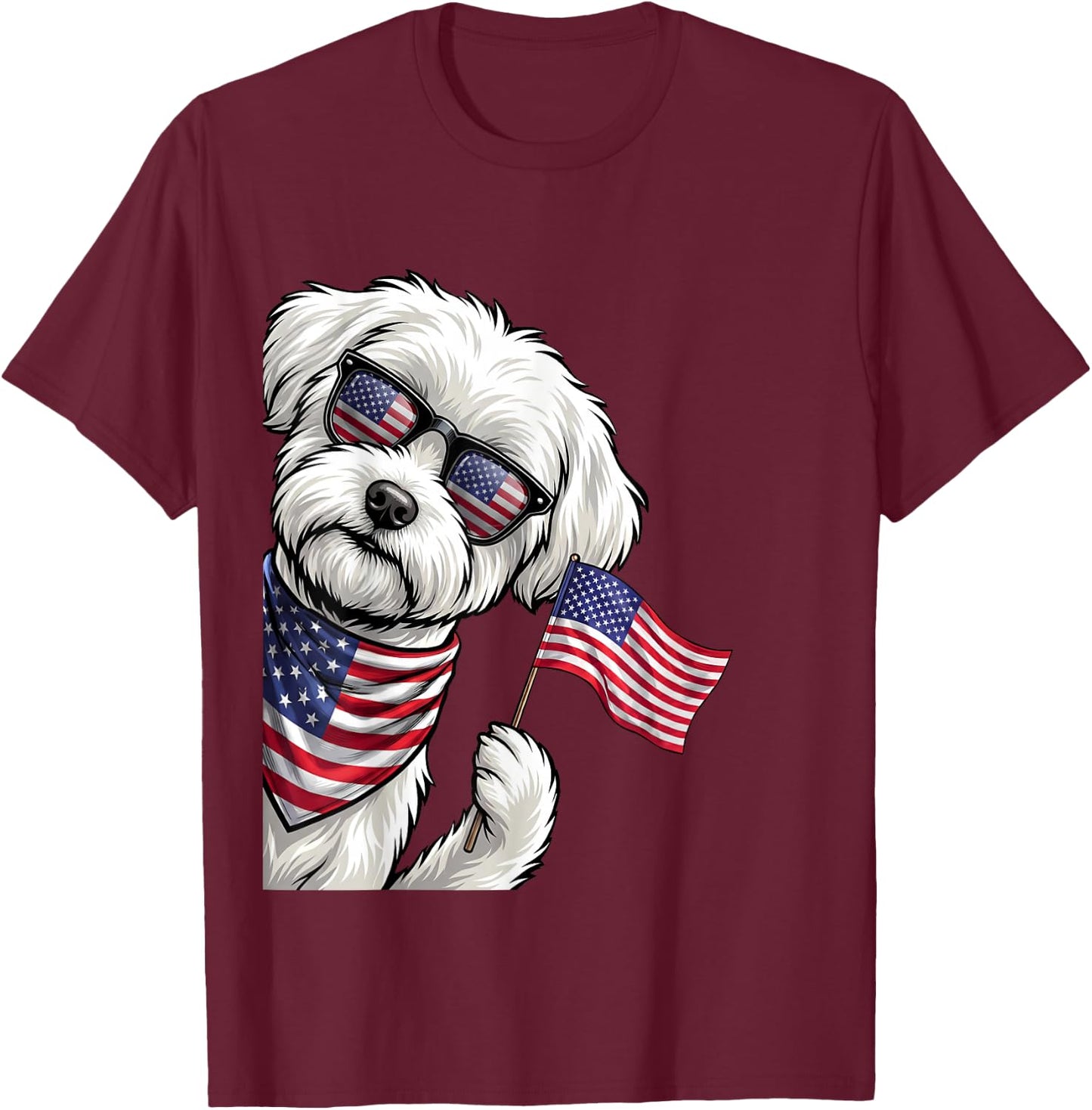 Maltese Dog Patriotic American Flag 4th of July USA T-Shirt - T-Shirt | Maroon