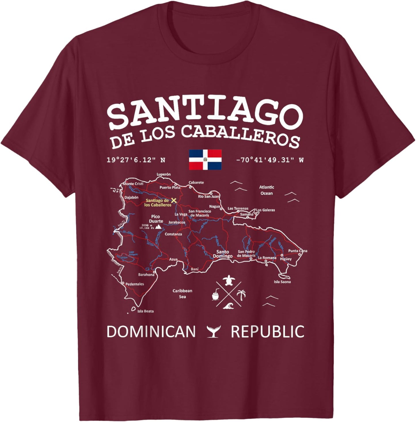SANTIAGO de los Caballeros Dominican Republic Map Flag T-Shirt - T-Shirt | Maroon