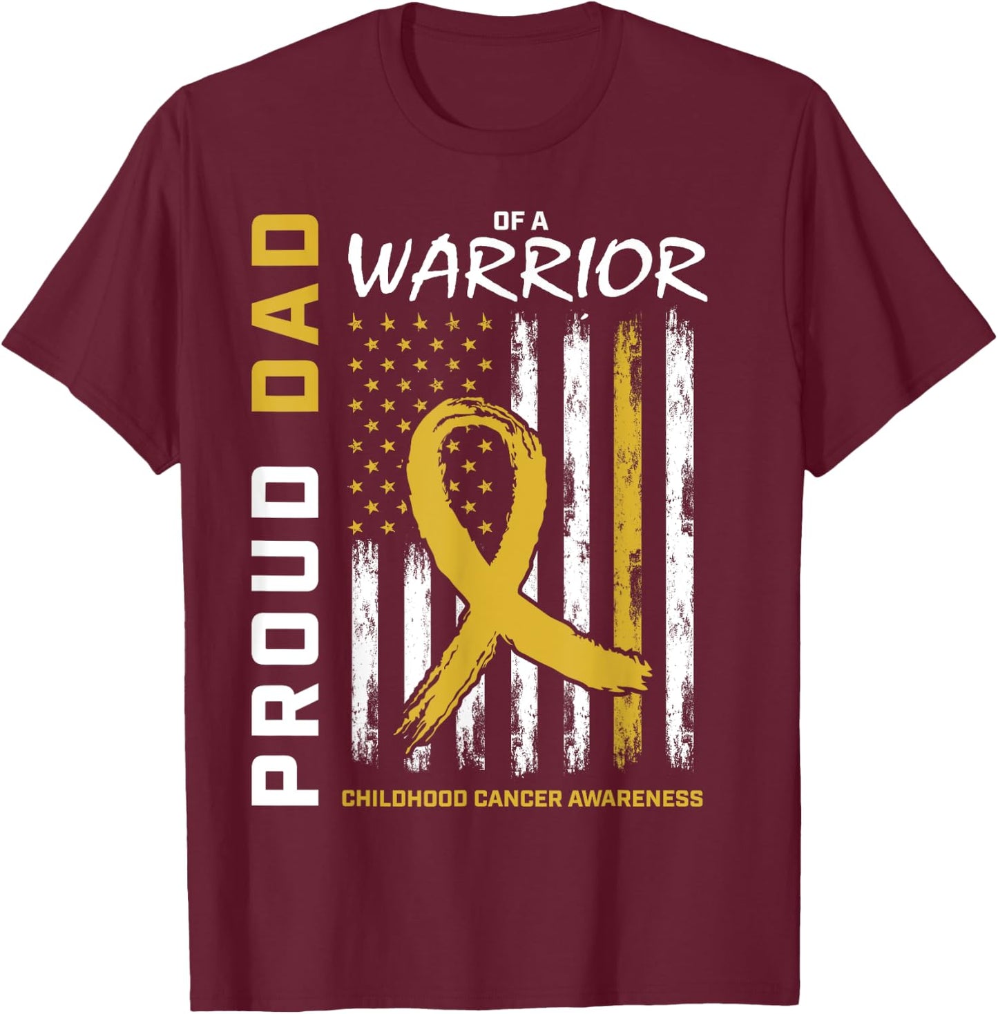 Gold Proud Dad Childhood Cancer Awareness Men American Flag T-Shirt - T-Shirt | Maroon