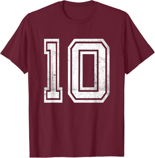 Distressed Number #10 Retro Number T-Shirt - T-Shirt | Maroon