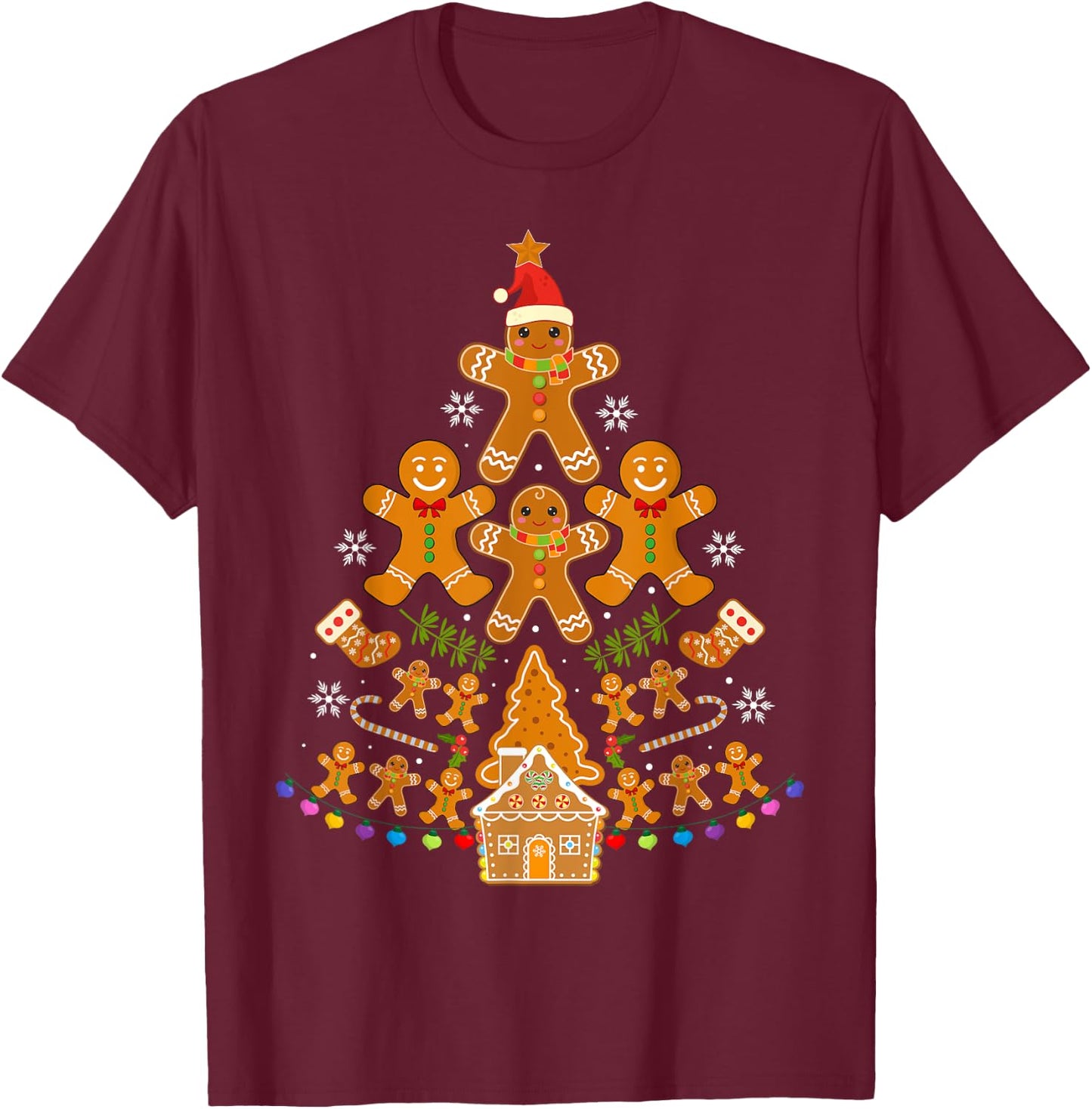 Gingerbread Christmas Tree Lights Cookie Baking Team T-Shirt - T-Shirt | Maroon