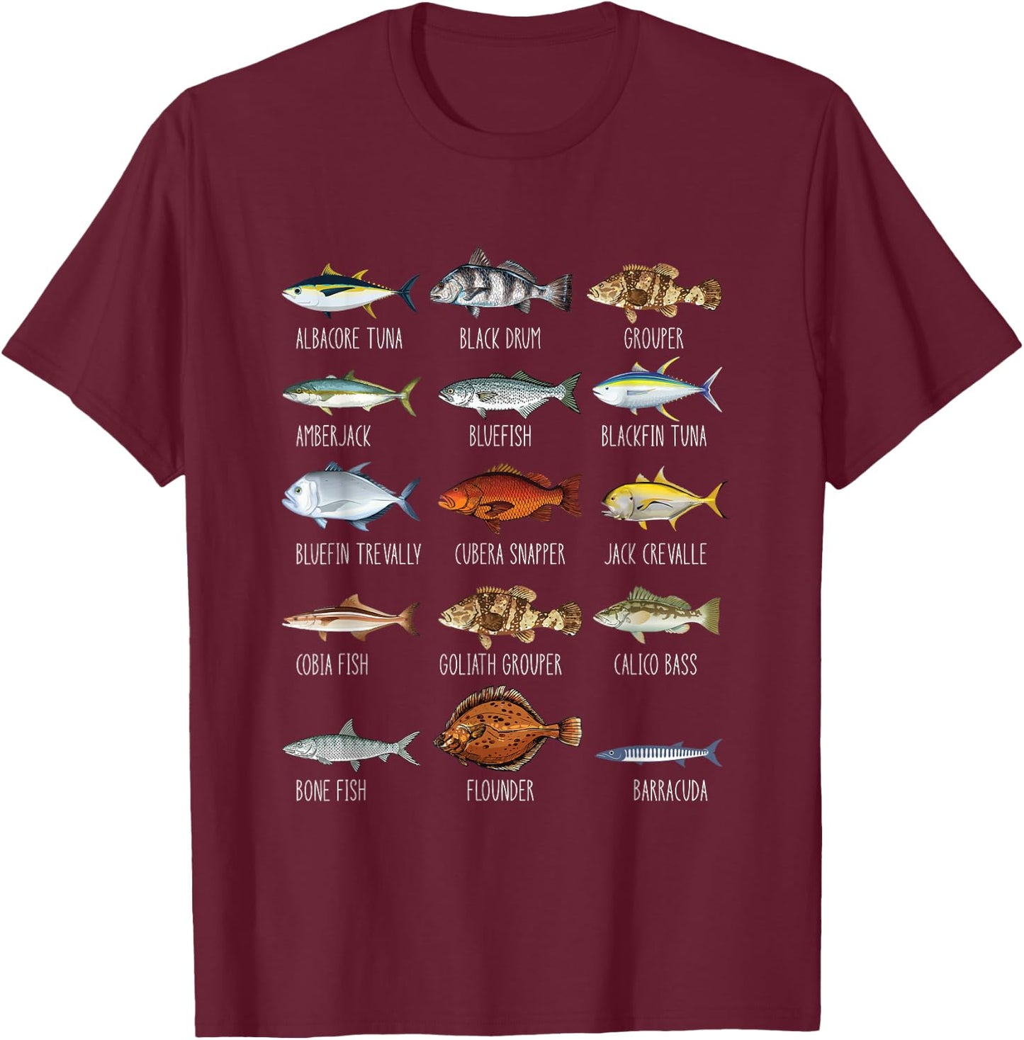 Types Of Saltwater Fish Species Biology Fishing Lover T-Shirt - T-Shirt | Maroon