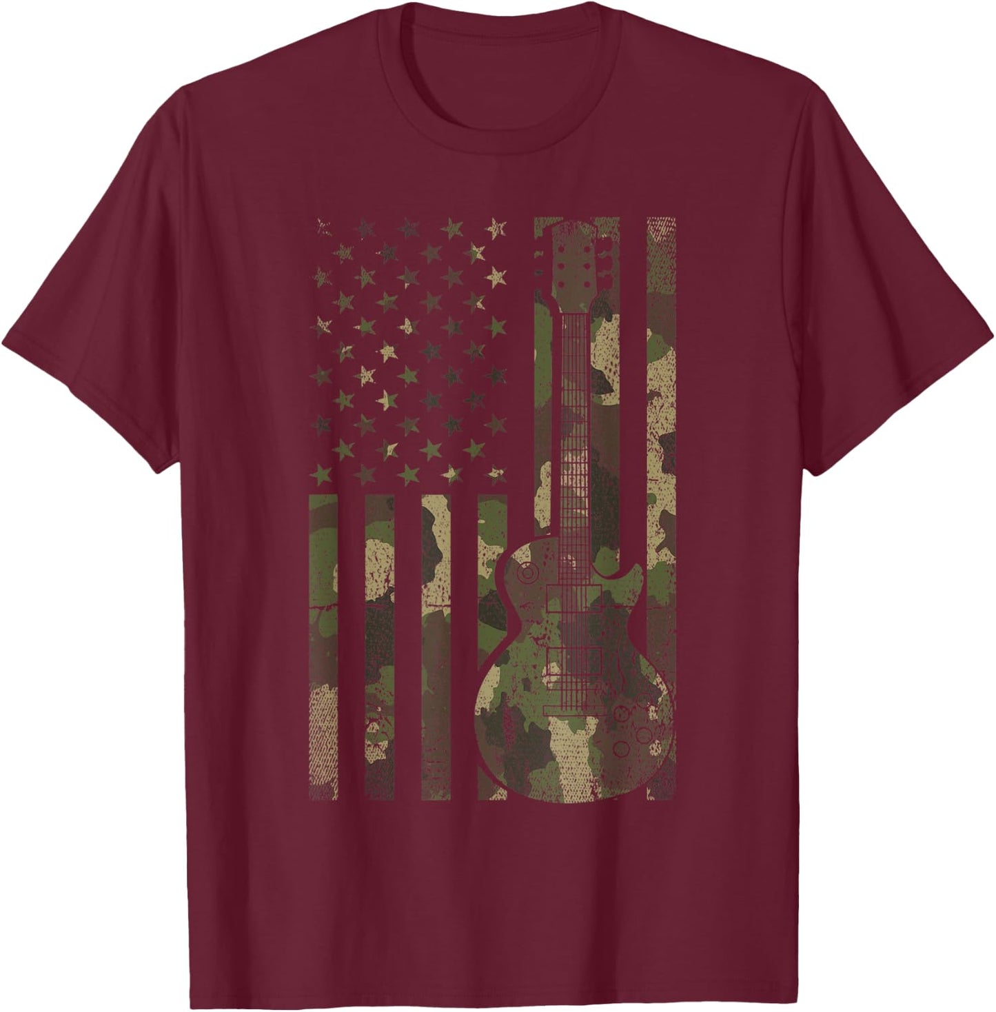 Guitarist Rock Musician Camouflage US Flag Electric Guitar T-Shirt - T-Shirt | Maroon