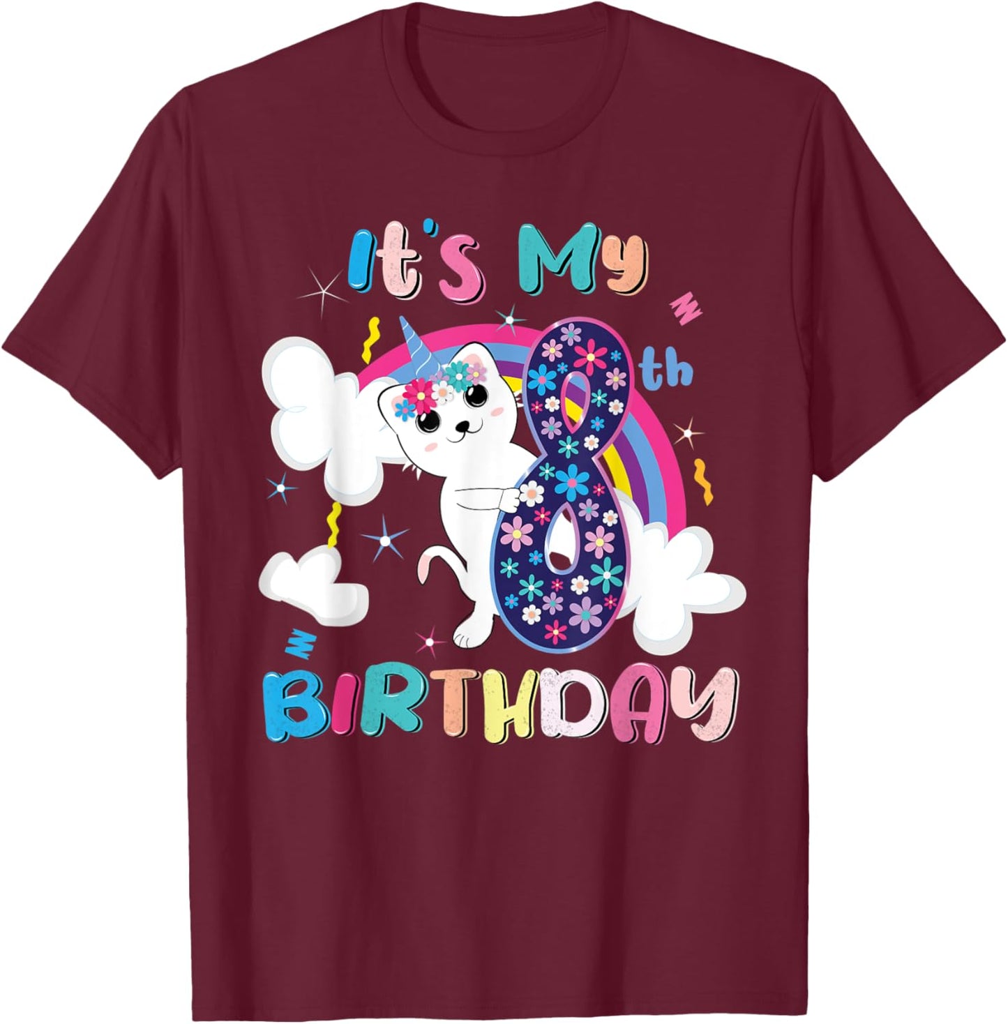 It's My 8th Birthday Caticorn Unicorn Cat Kitten T-Shirt - T-Shirt | Maroon