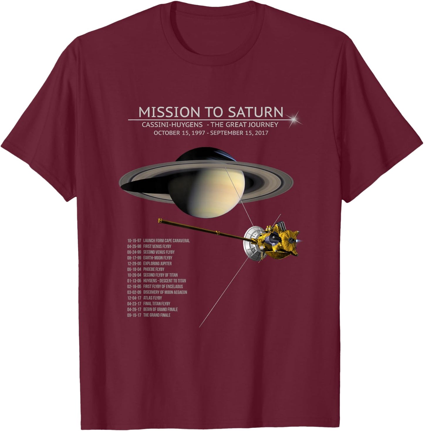 Cassini Huygens Saturn Mission Tour Grand Finale Space Gift T-Shirt - T-Shirt | Maroon
