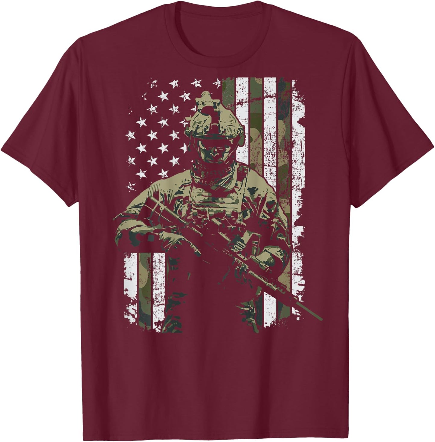 Military Soldier Combat Veteran Camouflage USA Flag -ON BACK T-Shirt - T-Shirt | Maroon