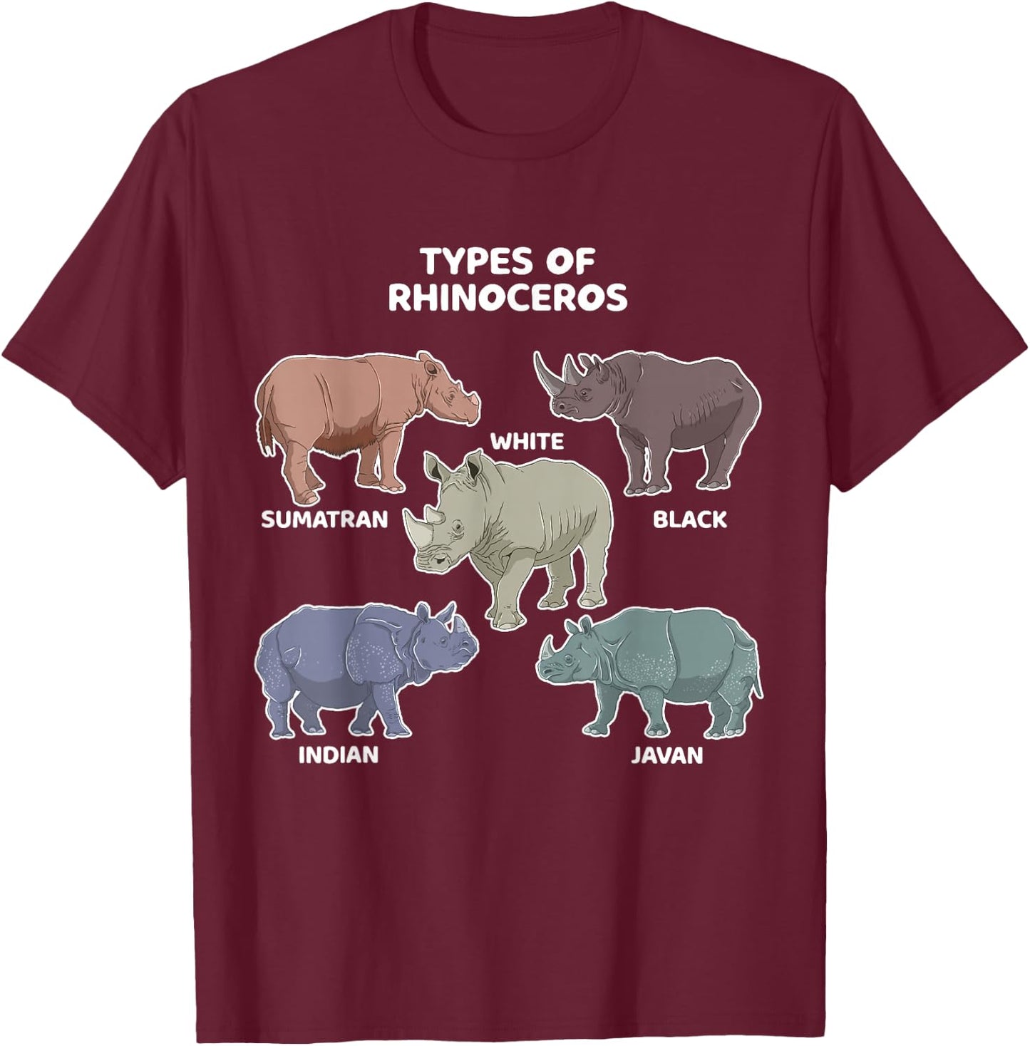 Types of Rhinoceros Sumatran Javan Rhino Animal Art T-Shirt - T-Shirt | Maroon