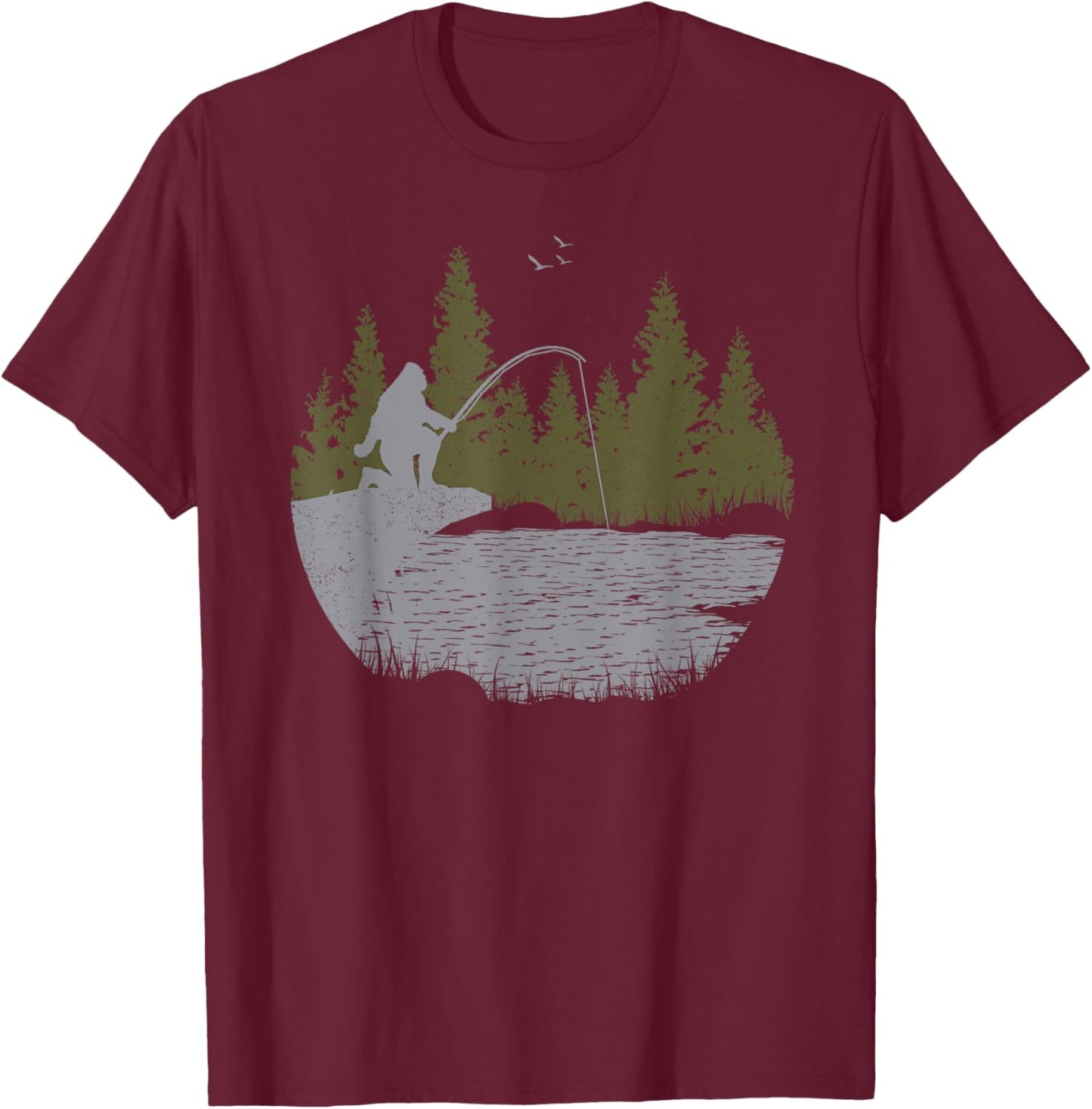 Funny Bigfoot Fishing Sasquatch & Trees Distressed Fisherman T-Shirt - T-Shirt | Maroon