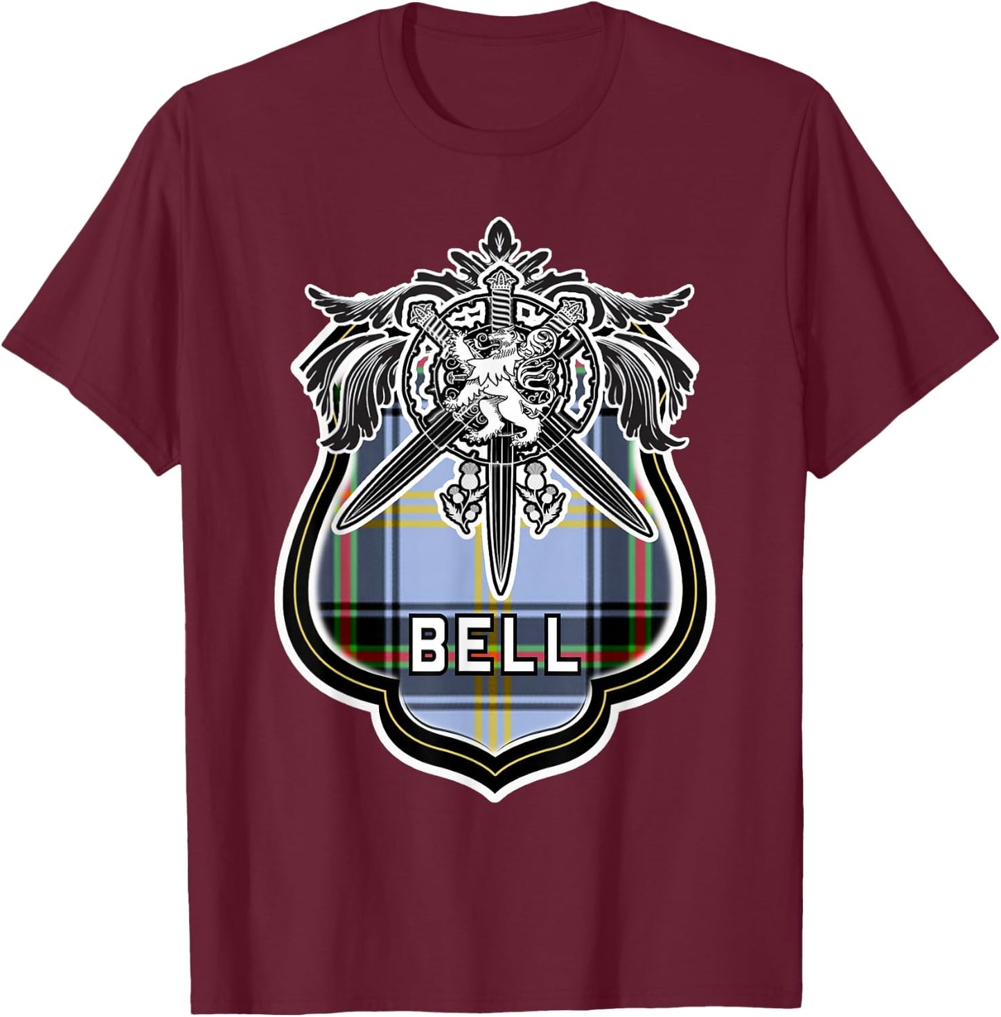 Bell Scottish Clan Family Tartan Lion Sword Name T-Shirt - T-Shirt | Maroon