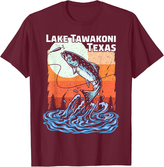 Summer Fishing Retro Sunset Texas Tawakoni Lake Men Women Kids T-Shirt - T-Shirt | Maroon