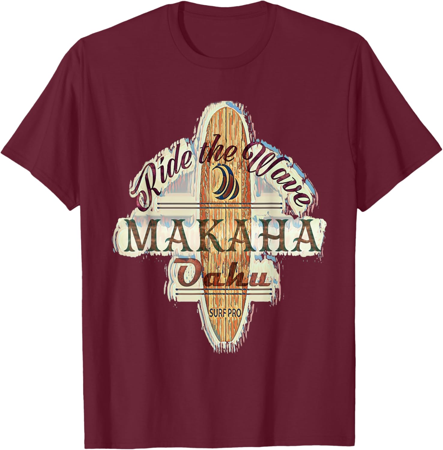 Surfing, Surfboard, Distressed Longboard Makaha Oahu T-Shirt - T-Shirt | Maroon