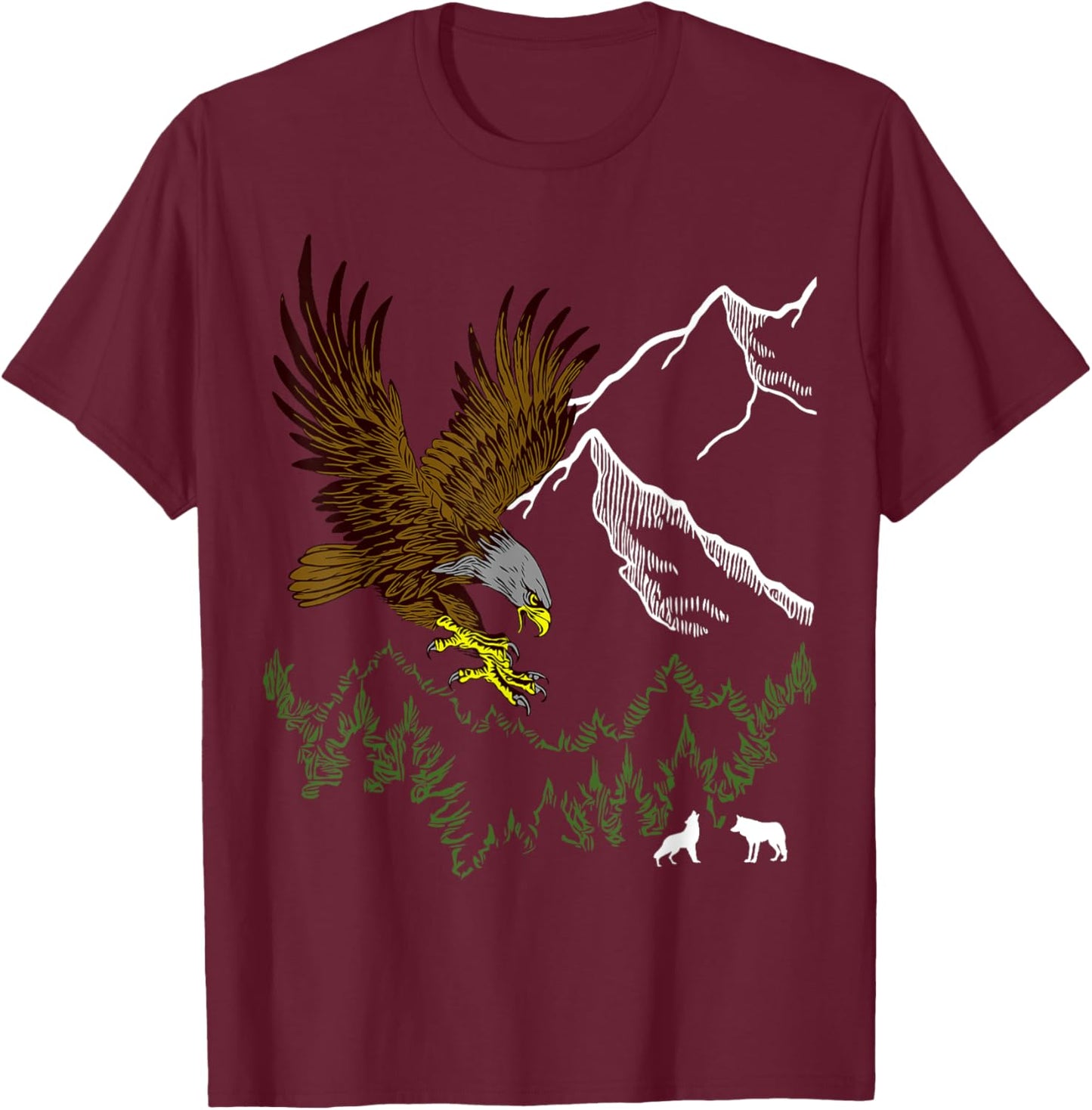 Mountain Forest tree Design Eagle Bird, Wolf Animal Graphic T-Shirt - T-Shirt | Maroon