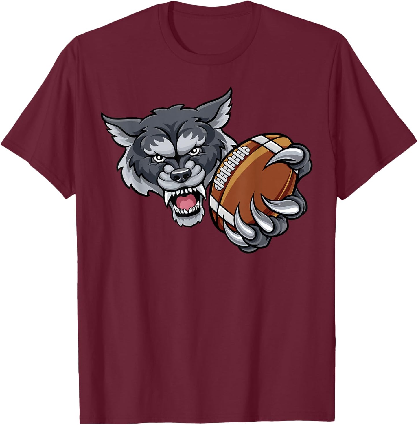 Wolf Cartoon Sports Team Mascot American Football Ball T-Shirt - T-Shirt | Maroon