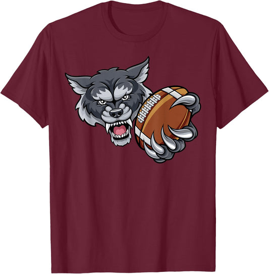 Wolf Cartoon Sports Team Mascot American Football Ball T-Shirt - T-Shirt | Maroon