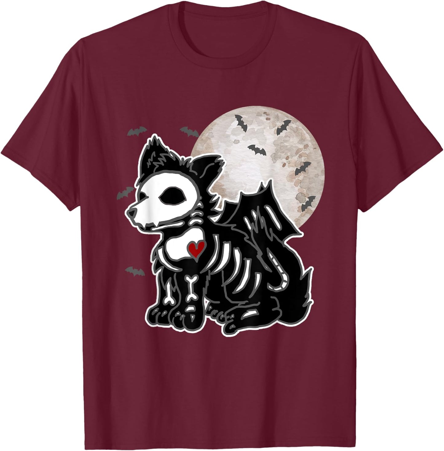 Halloween Emo Wolf Skeleton Anime Goth Costume Kids Girls T-Shirt - T-Shirt | Maroon
