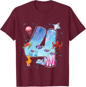 Kids 4th Birthday Party Ocean 4 Year Old Sea Fish Aquarium Boy T-Shirt - T-Shirt | Maroon