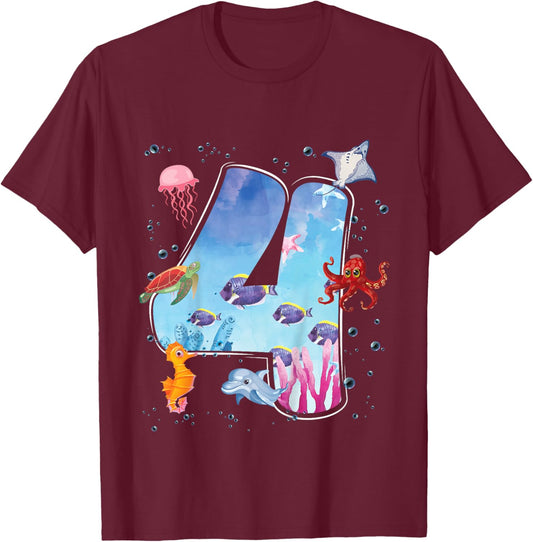 Kids 4th Birthday Party Ocean 4 Year Old Sea Fish Aquarium Boy T-Shirt - T-Shirt | Maroon