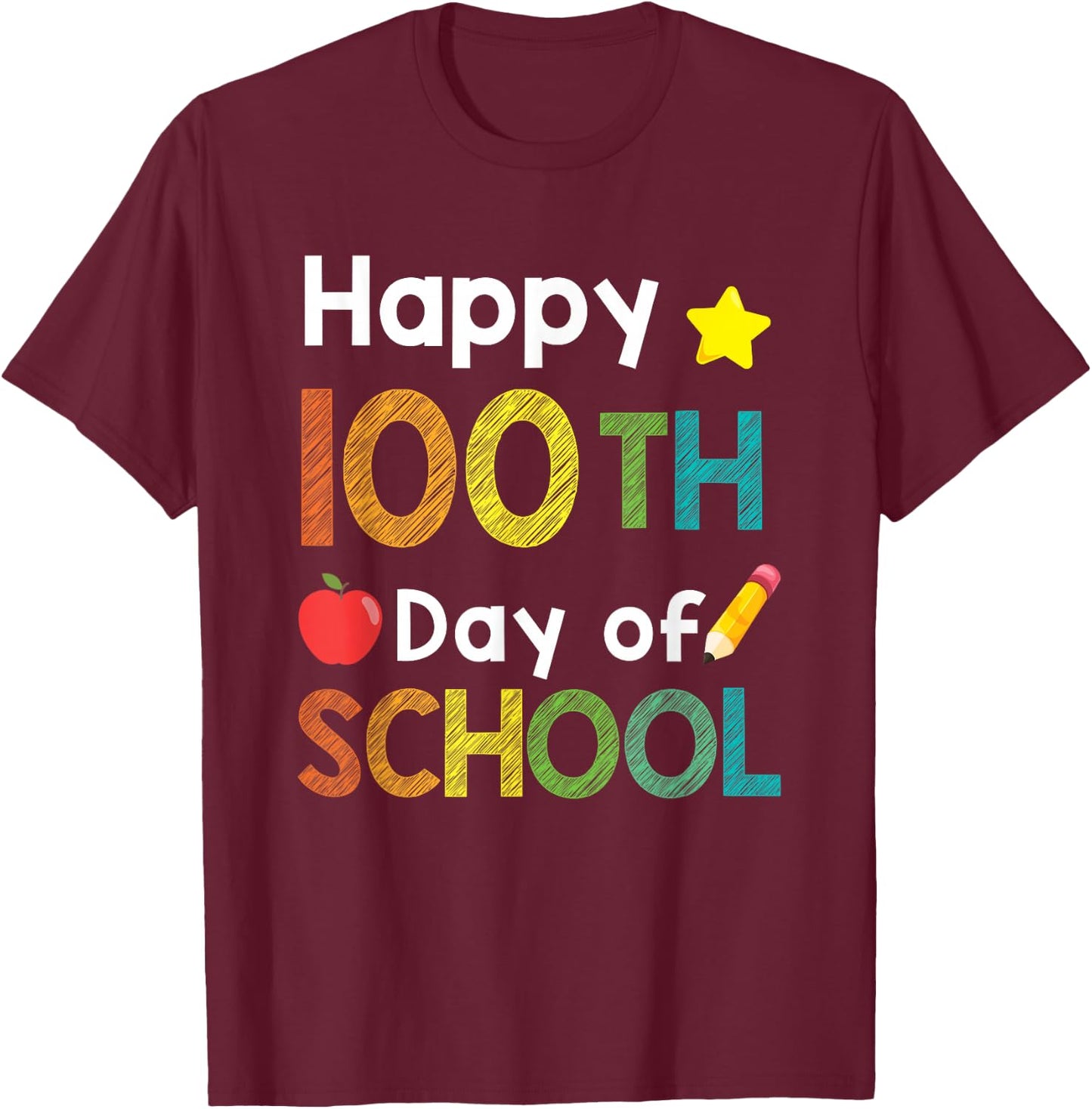 Cute Happy 100th Day of School Teacher Colorful 100th Day T-Shirt - T-Shirt | Maroon