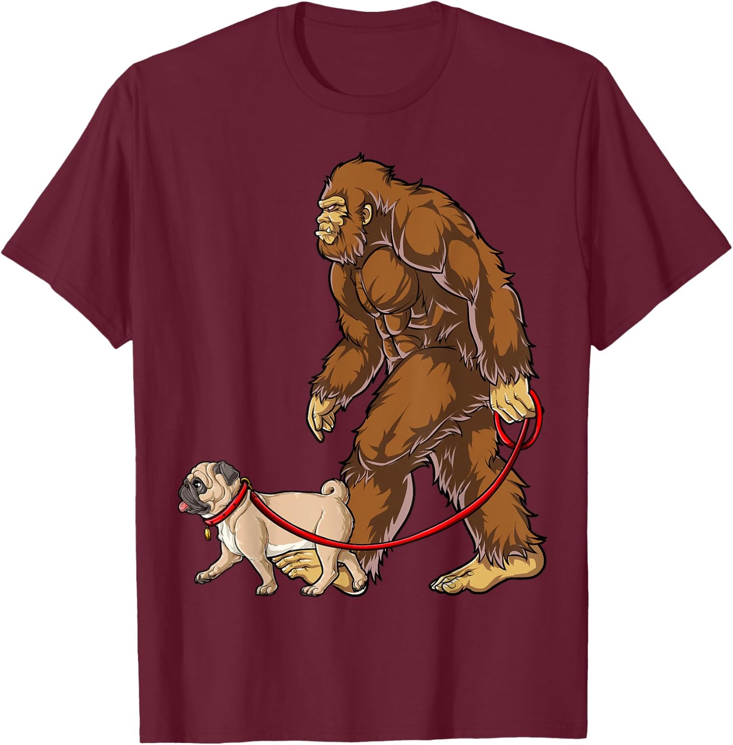 Bigfoot Dog Walk Pug Men Women Sasquatch Lover Gifts Funny T-Shirt - T-Shirt | Maroon