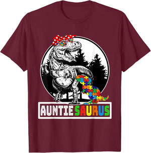 Auntiesaurus T rex Dinosaur Auntie Saurus Autism Awareness T-Shirt - T-Shirt | Maroon