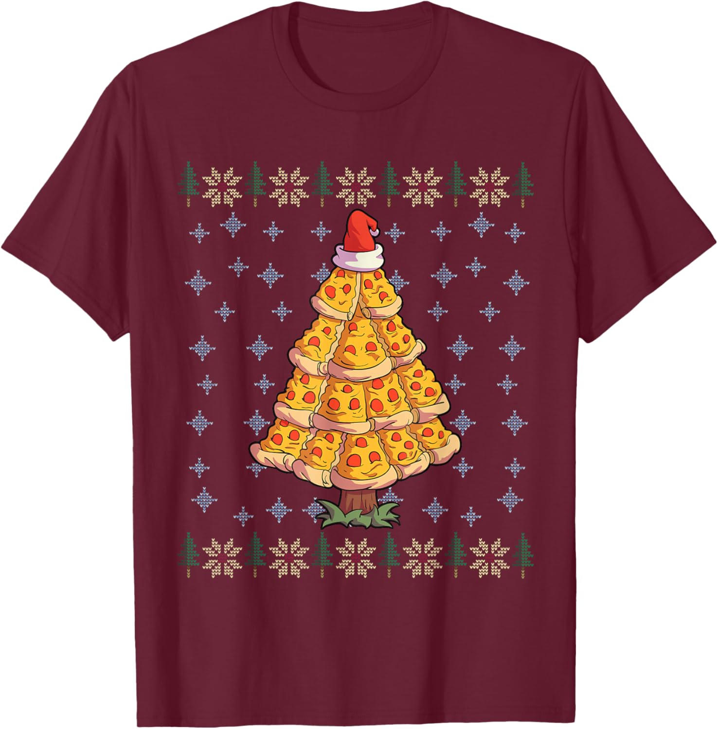 Pizza Christmas Tree Shirt Men Pizza Lover Gift Santa Hat T-Shirt - T-Shirt | Maroon