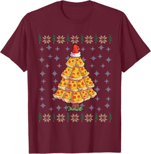 Pizza Christmas Tree Shirt Men Pizza Lover Gift Santa Hat T-Shirt - T-Shirt | Maroon