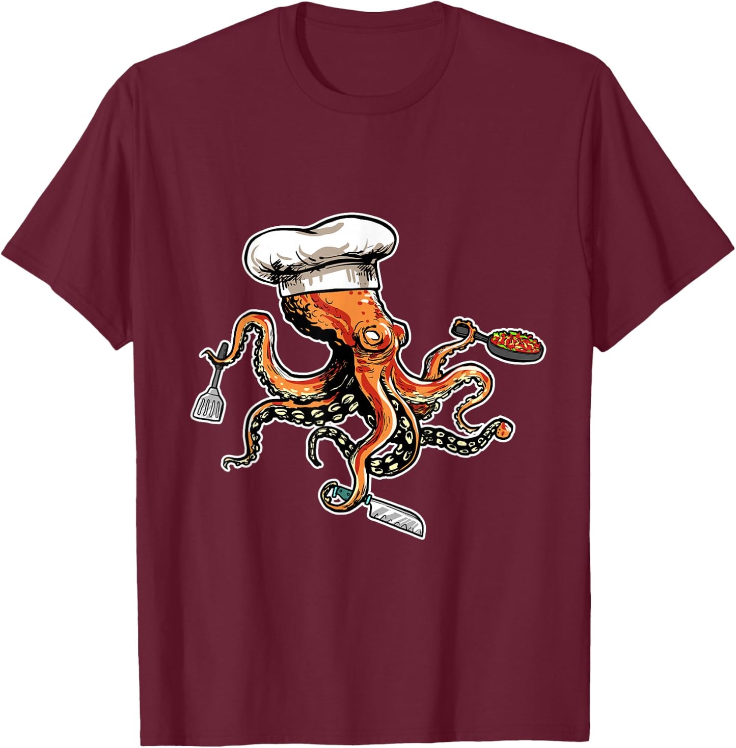 Funny Octopus Chef with Chef's Hat T-Shirt - T-Shirt | Maroon